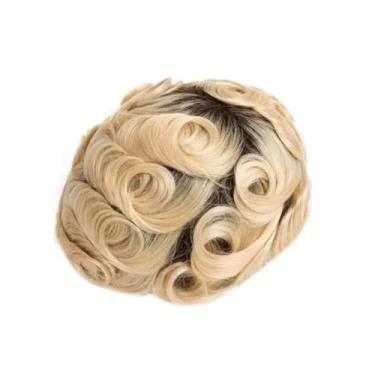 Imagem de Aplique de testa Sistemas de cabelo humano completo laço francês homens peruca respirável masculino prótese capilar t4/613 loira