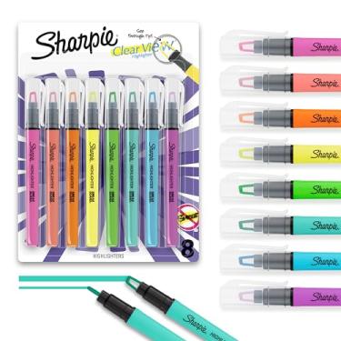 Imagem de SHARPIE Bastões de iluminador Clear View, ponta de cinzel, fluorescente sortida, 8 unidades