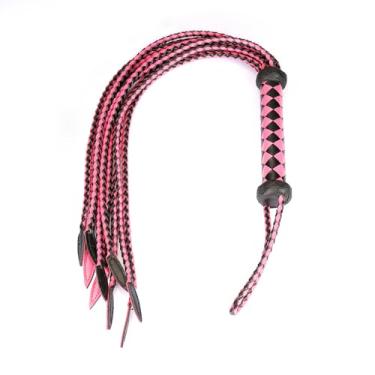 Imagem de Couro genuíno vermelho e preto Cat-O'-Nine-Tails Whip | Cabo de 16 cm e cauda de 48 cm | Chicote de treinamento equestre pendurado | Equipamento de cavalo premium feito à mão