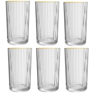 Imagem de Jogo de 6 Copos de Vidro 420ml - Borda Dourada e Canelado, Alto Longo Drink, Ideal para Suco, Água e Bebidas Refrescantes