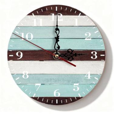 Imagem de Relógio de parede de madeira de praia costeira, silencioso, sem tique-taque, operado por bateria para cozinha, sala de estar, banheiro - design rústico azul e branco, 19 cm