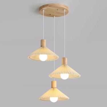 Imagem de Lustres simples com luminária pendente de tecido plissado, 3 lâmpadas, soquete E27, lustre triplo com luminárias pendentes para sala de jantar, quarto, escritório, cozinha e ilha de cozinha.