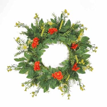 Imagem de Nztze Guirlandas de 50 cm para porta da frente, guirlanda de flores de primavera e verão - Flores artificiais de margarida vermelha para decoração de casa, parede de fazenda, varanda, decoração de