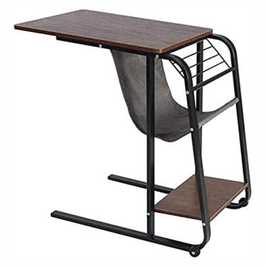 Imagem de Mesa lateral lanche mesa lateral sofá mesas de canto sala de estar laptop carrinho de rodinhas bandeja de TV em forma de C com bolso lateral para mesa de canto de casa e sala de estar (cor: marrom)