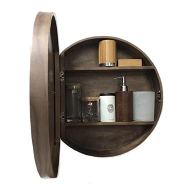 Imagem de Armário de espelho de banheiro pode instalação rotativa de 180°, armário de remédios redondo com armazenamento interno de 3 camadas, suporte de recesso ou superfície (cor: nogueira, tamanho: 60 cm