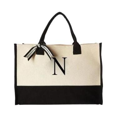 Imagem de Bolsa De Lona De Grande Capacidade Com Design De Letras E Flores, Bols