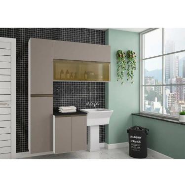 Imagem de Armário De Lavanderia 3 Pçs Com Tampo Vidro Reflecta Pérola Móveis Branco Polar Com Connect Preto