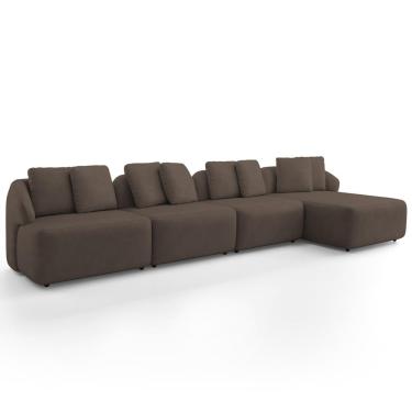 Imagem de Sofá 5 Lugares com Chaise Direito Sala Living 394cm Arlo F04 Veludo Marrom - Lyam Decor
