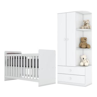 Imagem de Jogo De Quarto Infantil Labirinto Com Guarda Roupa E Berço Branco Brilho - Móveis Henn Branco Brilho