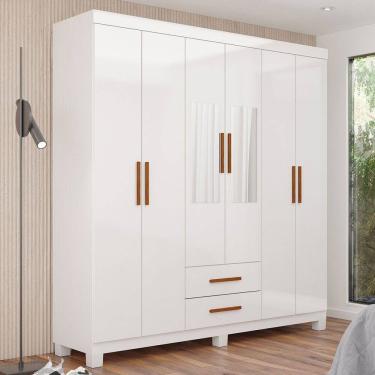 Imagem de Guarda-Roupa Solteiro Regalle 6 Portas 2 Gavetas com Pés e Espelho Branco - Pnr Móveis