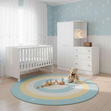 Imagem de Quarto Bebe Infantil Doce Sonho Berco Reto Rodizio e Guardar Roupas com Comoda Qmovi