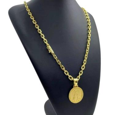Imagem de Cordão 6Mm Cadeado + Pingente Nossa Senhora - Banhado A Ouro