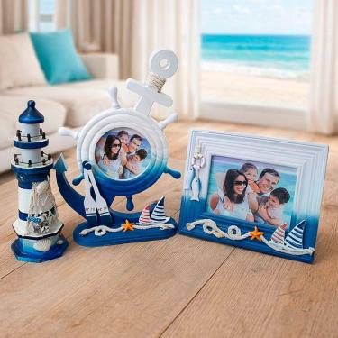 Imagem de Farol Com Porta Retratos Decoração Náutica Oceano Kit 3pçs