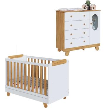 Imagem de Kit Quarto De Bebê Berço Com Cômoda Pingo Cor Branco/Amêndoa