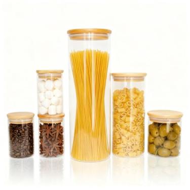 Imagem de Kit 6 Potes Herméticos de Vidro com Tampa de Bambu Porta Mantimentos Alimentos Organização de Cozinha Modernos