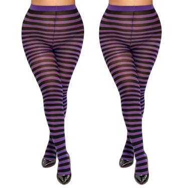 Imagem de MANZI 2 pares de meia-calça feminina listrada colorida plus size 40D nylon listrado para Halloween, Natal, Preto + branco, Tamanho Único