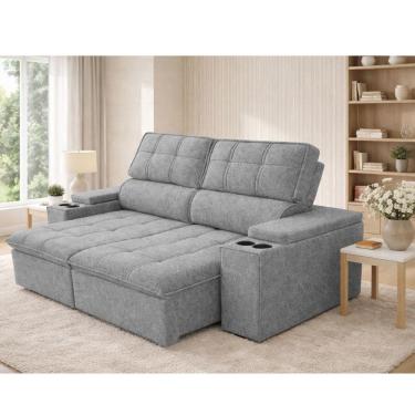 Imagem de Sofá 3 Lugares Retrátil Reclinável 230cm Linho Aveludado USB Pluma Ferguile - Cinza Claro