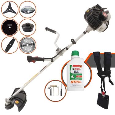 Imagem de Roçadeira Kawashima KW43LE À Gasolina 43cc 1,7HP 6 Em 1 Com Carretel + Faca 2 Pontas, 3 Pontas, 40 Dentes e 80 Dentes + Escova de Aço + ÓLEO STIHL 2T