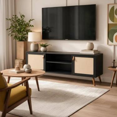 Imagem de Rack Viena Com Pés De Madeira Tela Natural e Couro 140cm