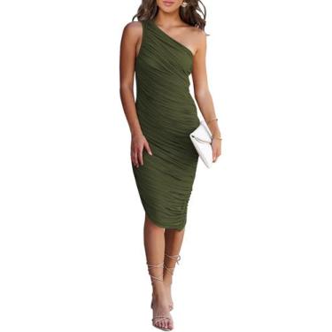 Imagem de Vestido PRETTYGARDEN Midi Justo com Ombro Único e Franzido Verde Milit
