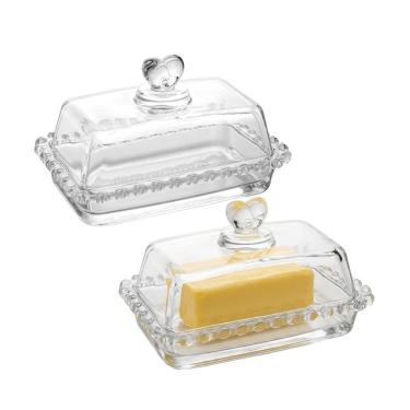Imagem de Kit 2 Manteigueiras com Tampa Cristal Coração Porta Manteiga Frios Transparente 17X10,5CM Lyor