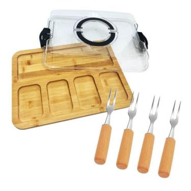 Imagem de Kit Petisqueira 5 Divisórias Tampa 4 Garfinhos Inox Madeira - IMPORIEN