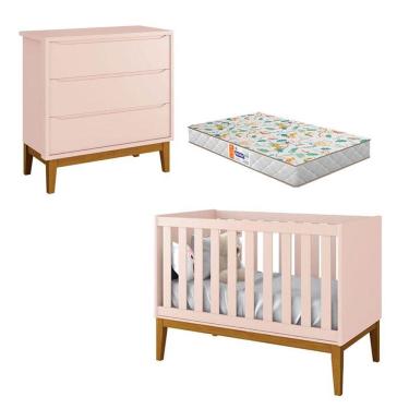 Imagem de Berço Americano e Cômoda Gaveteiro New Classic Rosa com Pés Madeira e Colchão Gazin - R...