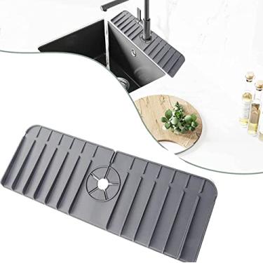 Imagem de Tapete de silicone para torneira de proteção contra respingos - Bandeja de coletor de gotejamento com alça de torneira de silicone - Almofada de drenagem automática de água atrás da torneira para cozinha, banheiro, fazenda e proteção de bancada RV, 35 x 15 cm (cinza)
