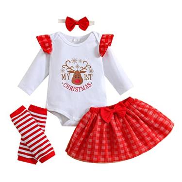 Imagem de Macacão infantil para meninas, manga comprida, com estampa de cervo e letras de Natal combinando para a família (vermelho, 0-3 meses)