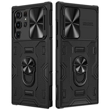 Imagem de VEGO Capa para Galaxy S22 Ultra com capa de câmera deslizante, anel giratório de 360° integrado, capa magnética à prova de choque para Samsung Galaxy S22 Ultra 5G 6,8 polegadas, estilo armadura 2022 - preta