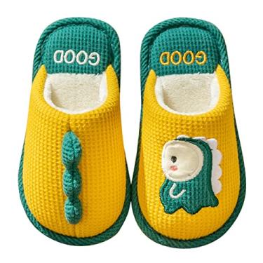Imagem de Chinelos felpudos para crianças sapatos infantis chinelos de casa quarto chinelos de dinossauro de algodão (amarelo, 10-10,5 anos)