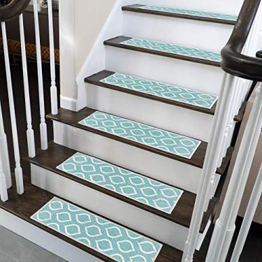 Imagem de SussexHome Degraus de escada Drop Design de 22,8 cm x 71,1 cm – 70% algodão antiderrapante para escadas internas – Fácil de instalar com fita adesiva dupla, aderência extra, pacote com 4-azul-petróleo