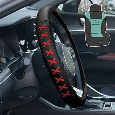 Imagem de FH Group Capa de volante universal de couro genuíno de 38 cm com detalhes de cadarço serve para a maioria dos carros, SUVs vermelho