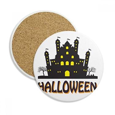 Imagem de Caneca de porta-copos do castelo The Brightly Lit Halloween com proteção de mesa, pedra absorvente