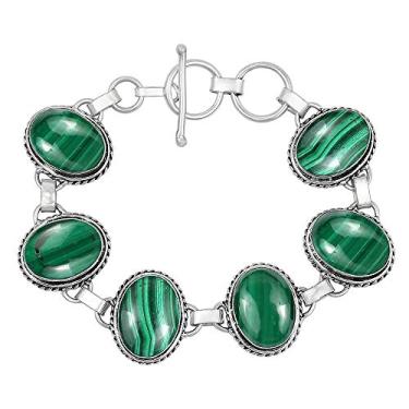 Imagem de Pulseira de quartzo rosa natural turquesa lápis-lazúli 12 x 16 mm forma oval pedra preciosa 925 sobreposição de prata pulseira joia feita à mão, Malaquita