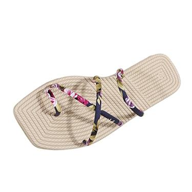 Imagem de Sandálias de gravata borboleta para mulheres moda verão estampa floral Dabric Toe sandálias planas de tecido de grama, Azul, 9