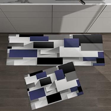 Imagem de Conjunto de 2 tapetes de cozinha abstrata arte 3D azul marinho preto cinza bloco para tapetes acolchoados no chão e tapetes antiderrapante absorvente corredor confortável tapete de pé