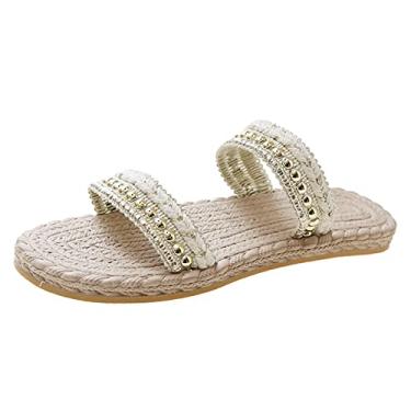 Imagem de Sandálias rasteiras femininas moda verão palha fresco fundo plano praia uso externo sandálias de tamanho grande chinelos (bege, 35)