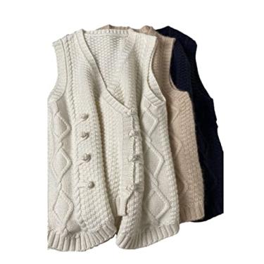 Imagem de 100% suéter de caxemira colete feminino sem mangas com decote em v cardigã suéter solto de malha sólida (preto XXL)