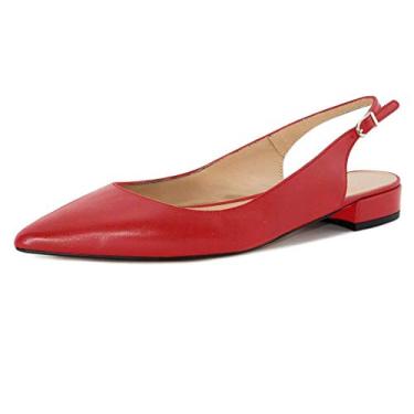 Imagem de Fericzot Sapatos femininos sensuais sandálias de bico fino salto baixo quadrado fivela Drees Flat Shoes Plus Size, Poliuretano vermelho, 7.5