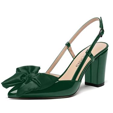 Imagem de WAYDERNS Vestido feminino nupcial fivela bico fino laço patente Slingback tornozelo tira bloco sólido salto alto grosso salto alto sapatos 9,5 cm, Verde escuro, 9