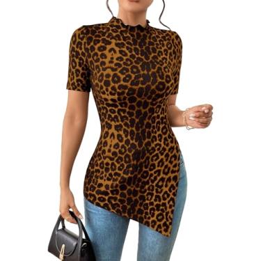 Imagem de SweatyRocks Camiseta feminina com estampa de leopardo e bainha dividida, gola alta, manga curta, túnica, Marrom chocolate, P