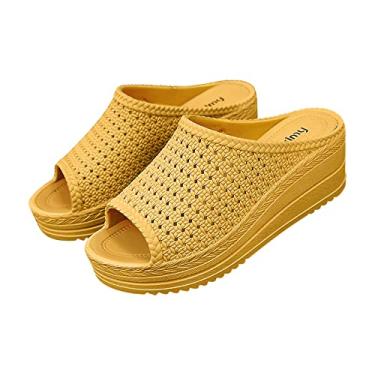 Imagem de Sandálias femininas de verão com salto inclinado inferior grosso confortáveis sandálias ocas de malha de plástico desgaste externo feminino bico aberto, Amarelo, 8