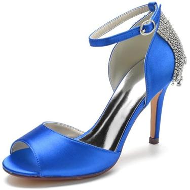 Imagem de GAGALU Sandálias femininas de bico redondo de bico aberto, borla de strass, fileira traseira com botões, sandálias de festa, Azul, 34