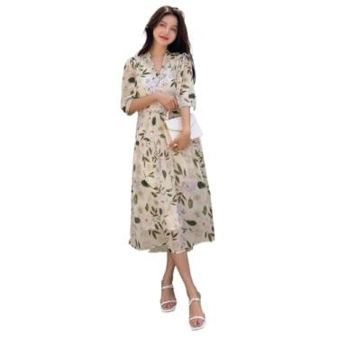Imagem de Camisa Feminina Floral Print Puff Sleeve Dress (Color : Green, Size : M)