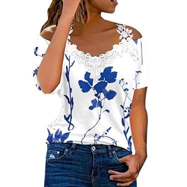 Imagem de Blusas femininas de treino com ombros de fora, manga curta, tamanho grande, Y2K, blusas de algodão, camisetas recortadas, túnica de festa, Azul, M