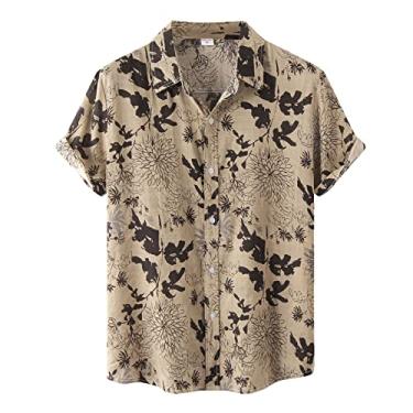 Imagem de Camisas masculinas havaianas de praia manga curta com botões camisas polo estampadas grandes camisetas casuais vintage, 011 cáqui, XXG