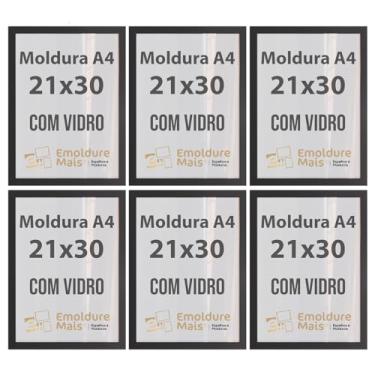 Imagem de Kit 6 Molduras A4 21x30 cm Com Vidro para Certificados Diplomas Fotos Quadros Decorativos temos cores Branca Preta Dourada Tabaco (Preto)