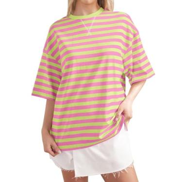 Imagem de PKDong Tops de verão para mulheres, casuais, camisetas soltas, listradas, grandes dimensões, cores contrastantes, gola redonda, manga 7 quartos, A02 Rosa Amarelo, P