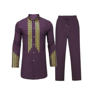 Imagem de Daupanzees Conjunto de 2 peças africano masculino tradicional Dashiki, camisa e calça com botões, Roxa, GG